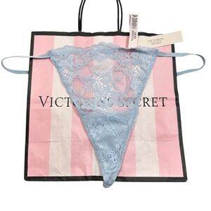 NWT Victoria's Secret Light Blue Lace Thong Panty Bow Rhinestone Embellishment